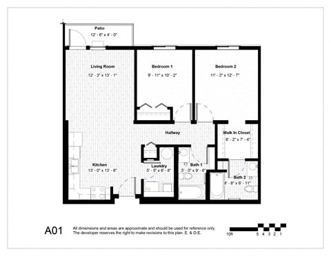 Floor plan for 2 beds, 2 baths, 965 sqft